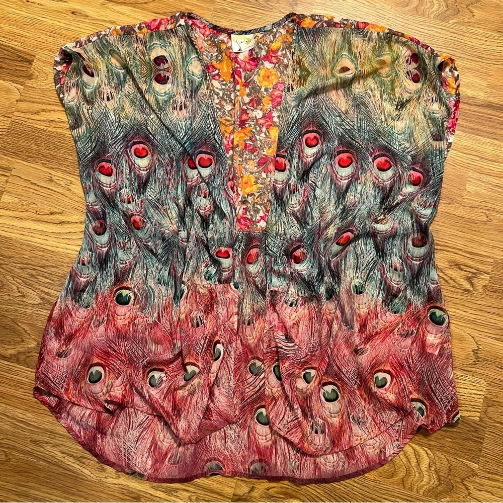 Fig and Flower By Anthropology Multicolor peacock Print cardigan beach cover-up